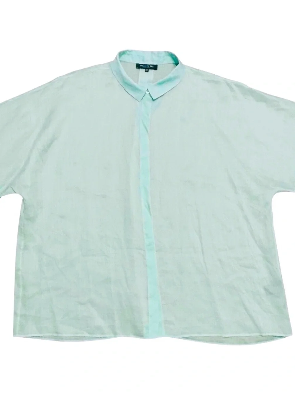 Lafayette 148 New York Ramie Tencel Button Up Top Short Sleeve Sage Green Blouse - Picture 7 of 10